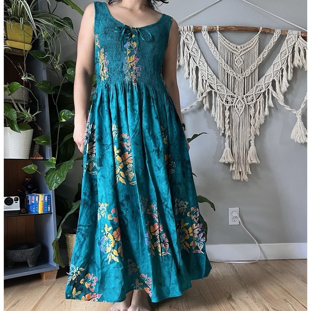 Vintage Bali Batiks Smocked Midi Dress Jacket set boho Medium Rayon tropical